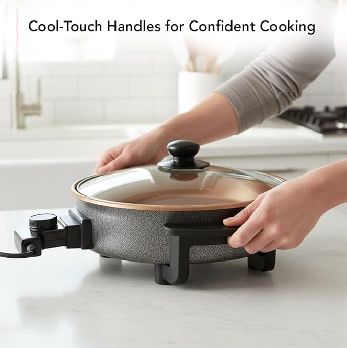 OVENTE 11.5-Inch Electric Skillet & Frying Pan, 1400W Nonstick Cooking Pan with Adjustable Temperature Control, Tempered Glass Lid with Steam Vent, Cool-Touch Handles, Easy-Clean Copper SK11112CO