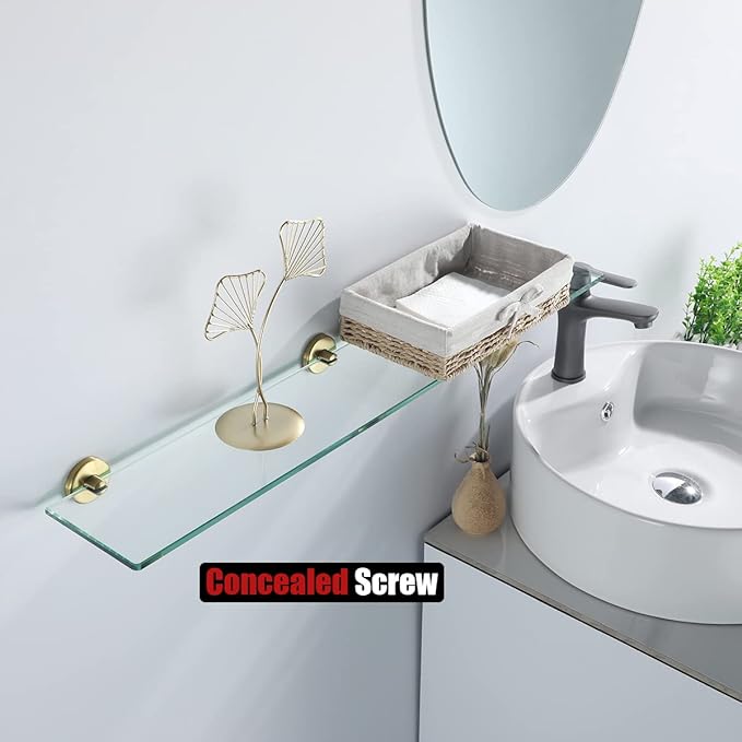 JQK Bathroom Glass Shelf Gold, Tempered Glass Shower Storage 30 by 5 inches, 304 Stainless Steel Brushed Gold Wall Mount, TGS101L30-BG