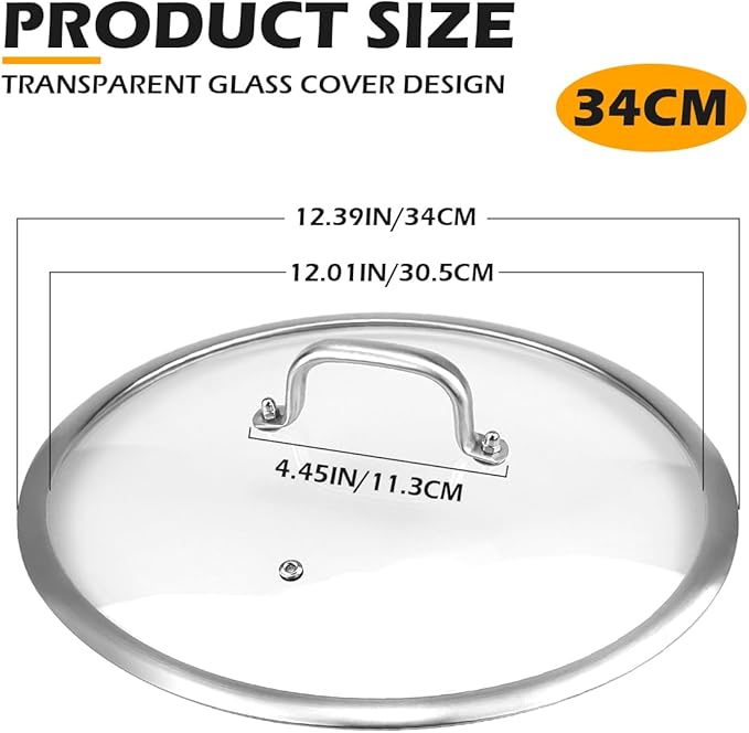 Universal Glass Lid for Pots, Pans Skillets 34cm/13Inch - Tempered Glass Cookware Lid with Handle Frying Pan Cover for Cast Iron, Non-Slip Grip, Sealed Edges