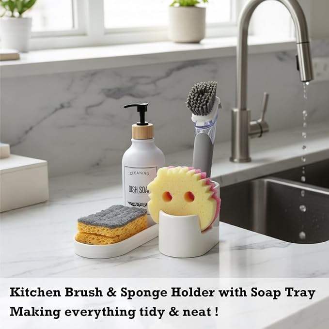 3 in 1 Ceramic Sponge&Brush Holder and Soap Tray Set, Leak-Proof Design to Keep Countertops Dry, Flexible Modular Placement, Modern Minimal Sink Organizer for Kitchen & Bathroom Countertop, White
