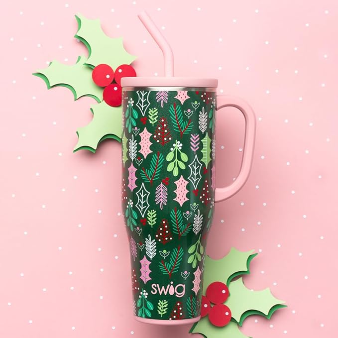 Swig Life 40oz Mega Mug, 40oz Tumbler with Handle and Straw, Extra Large Insulated Tumblers, Cup Holder Friendly Travel Mug (Merry Mistletoe)