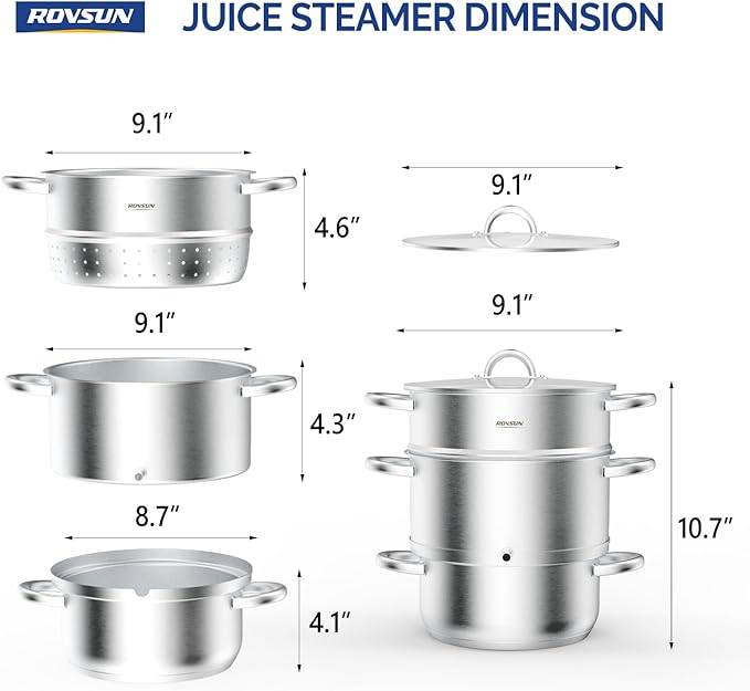 ROVSUN 5 Quart Juice Steamer Stainless Steel, Extractor Fruit Vegetables Juicer Steamer Pot, w/Tempered Glass Lid Clamp, Loop Handles, Ideal for Making Juice, Jelly, Pasta