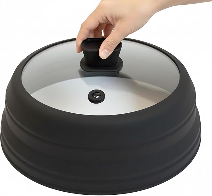 Microwave Splatter Cover Microwave Cover for Food 10.5 Inch Collapsible Glass Microwave Cover with Handle Silicone microwave splatter cover for Home Kitchen (Black)