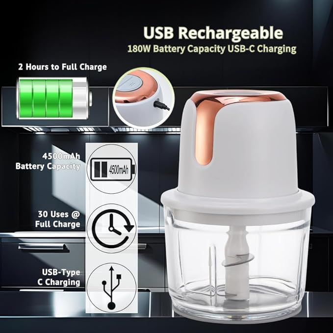 5-Cup Cordless Food Processor & Meat Grinder, USB-C Rechargeable - Perfect for Apartment, RV & Travel (Sliver)