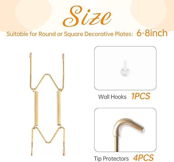 Plate Hangers for The Wall, Suitable for 6-8 inch Decorative Plate, Stainless Steel Wire Plate Holder with Wall Hooks and Rubber tip Protectors, Plate Hangers for Displaying Plates, Platter, Gold