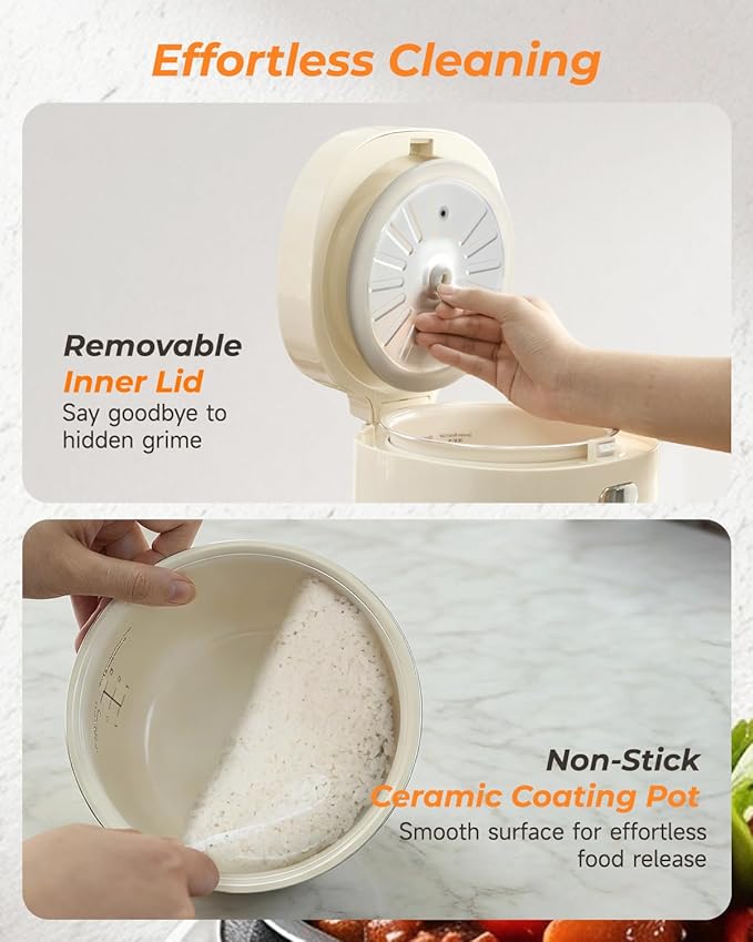 Feekaa Rice Cooker Small, 3-Cup Uncooked / 6-Cup Cooked, Compact Mini Rice Cooker Small Kitchen with Ceramic Coated Inner Pot, Rice Maker with 6 Menu Options, Low Temperature Cooking, 12H Delay Timer