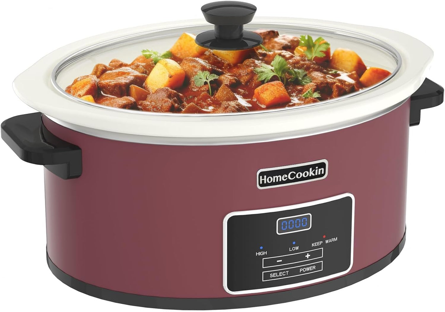 HOMECOOKIN 7-Quart Programmable Slow Cooker with Timer Keep Warm - Small Kitchen Appliance for Family Dinners - Serves 6+ People (Red Shell + White Ceramic Liner)