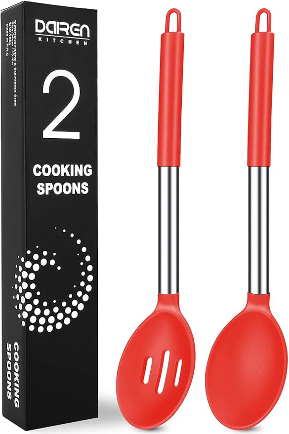 Pack of 2 Large Silicone Cooking Spoons, Non-Stick Stainless Steel Slotted and Solid Spoon Set for Serving, Mixing, Draining, Heat Resistant, Scratch Resistant and BPA Free Kitchen Scoops (Red)