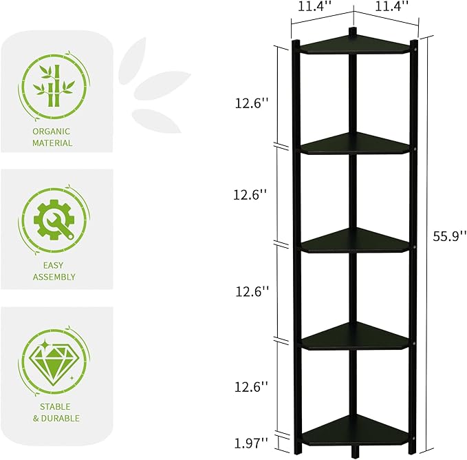 Wisuce Corner Shelf, 100% Real Bamboo Shower Corner Shelves Free Standing Shelf Storage Organizer for Bathroom Living Room Kitchen (Black, 5 Tier)