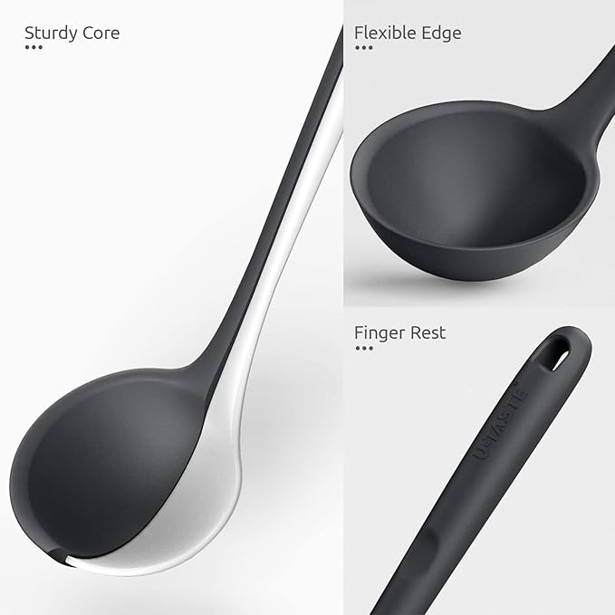 U-Taste 10 Piece Measuring Cups and Spoons Set in 18/8 Stainless Steel (color), and 600ºF Heat Resistant 13 inch Large Non-Stick Silicone Soup Ladle (Black)