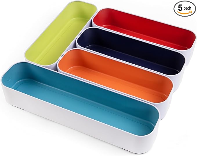 Three by Three Seattle 5-Piece Metal Stacking Drawer Organizers – Large, 2" Deep, Food-Safe – Stylish Kitchen Drawer Storage (Multi Color)