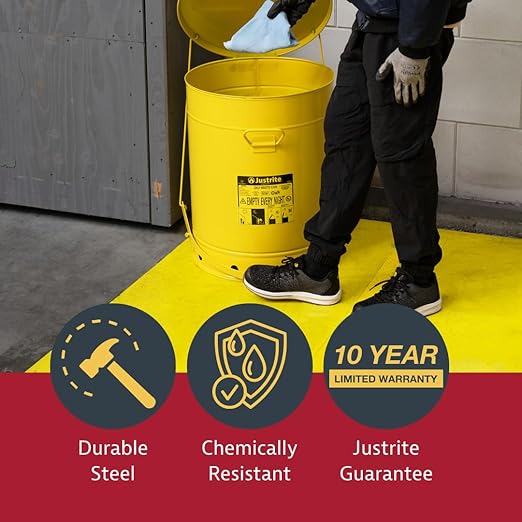 Justrite 14 Gallon Galvanized Steel Oily Waste Can, 20" x 16" Metal Oil Rag Safety Can with Foot Operated Self-Closing Lid for Oil Rag Disposal, Made in The USA, Yellow, 09501