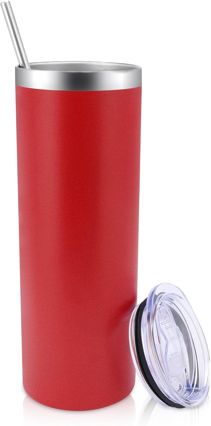 Volhoply 20 oz Skinny Tumbler with Lid and Straw, Stainless Steel Straight Tumblers Cup, Vacuum Insulated Coffee Mug for Home, Office, Travel, DIY (Red,1 Pack)