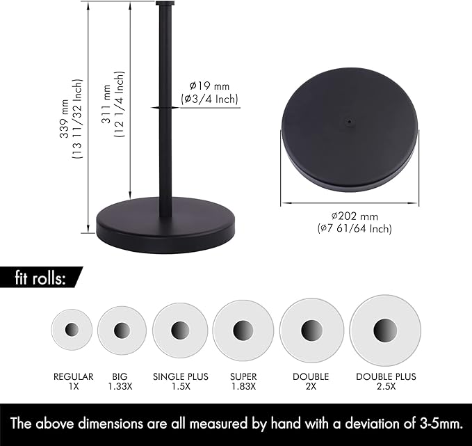 KES Matte Black Paper Towel Holder Countertop, Kitchen Paper Roll Holder Stand with Weighted Base Heavy for Standard or Gaint Rolls SUS304 Stainless Steel Matte Black, KPH202-BK
