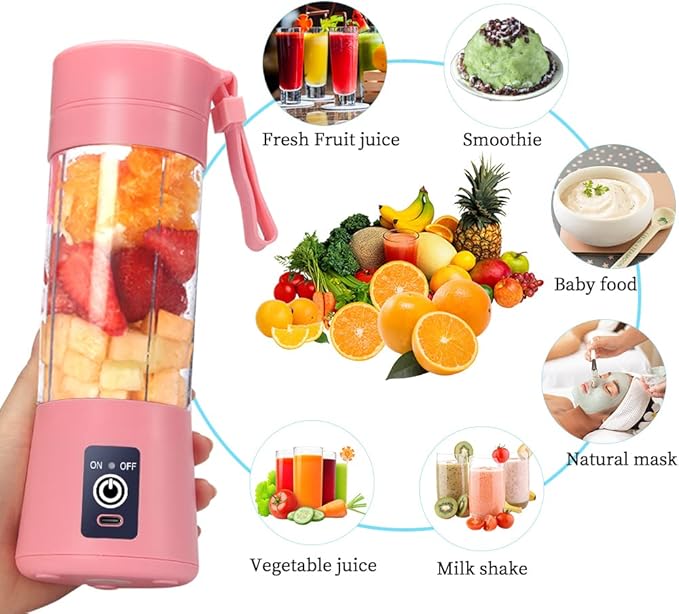 Portable Blender Cup,Electric USB Juicer,Mini Blender For Shakes and Smoothies, juice,380ml, Six Blades Great for Mixing,pink