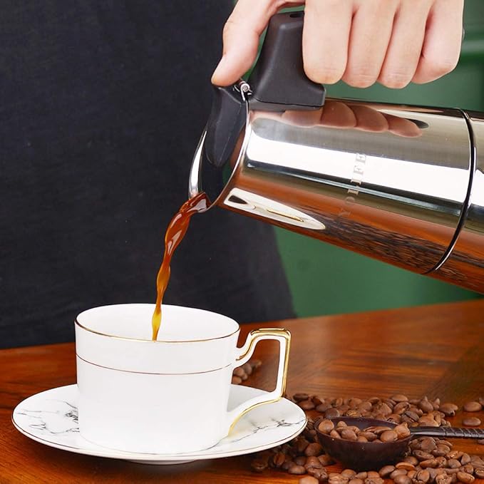 YOLIFE Stovetop Espresso Maker, Small Italian Moka Pot, Cafe Maker for Coffee, Cappuccino and Latte, Stainless Steel, 450 ml / 16 oz/ 9 Espresso Cups (per cup= 50 ml)