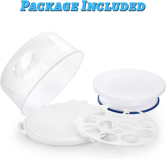 BSTKEY Portable Cake Carrier with Lid and Handle, Cake Turntable + Cupcake Storage Tray for Transport, 10" Round Cake Container Holder with Two Sided Base for Pies Nuts Fruit Cookies, White