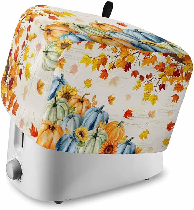 Thanksgiving Fall Toaster Cover 4 Slice, Blue Green Orange Pumpkins Dustproof Bakeware Oven Protector with Top Hook, Maple Leaf Waterproof Small Kitchen Appliance Toasters Dust Cover, 12"x11"x8"