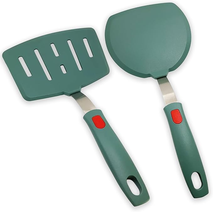 Silicone Spatula Turner Set of 2, Heat Resistant Pancake Spatulas for Nonstick Cookware Pan, Wide Slotted Cooking Spatula for Omelette Egg Fish, Thin Flexible for Kitchen Use, Dishwasher Safe