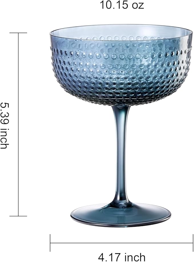 Khen Muted Hobnail Coupes Vintage Textured Pastel Style Cocktail Martini Champagne Saucer Retro Colored Glass Goblets |Set of 4 | 10.15oz Durable Glassware Decorative Barware Classic Party Drink