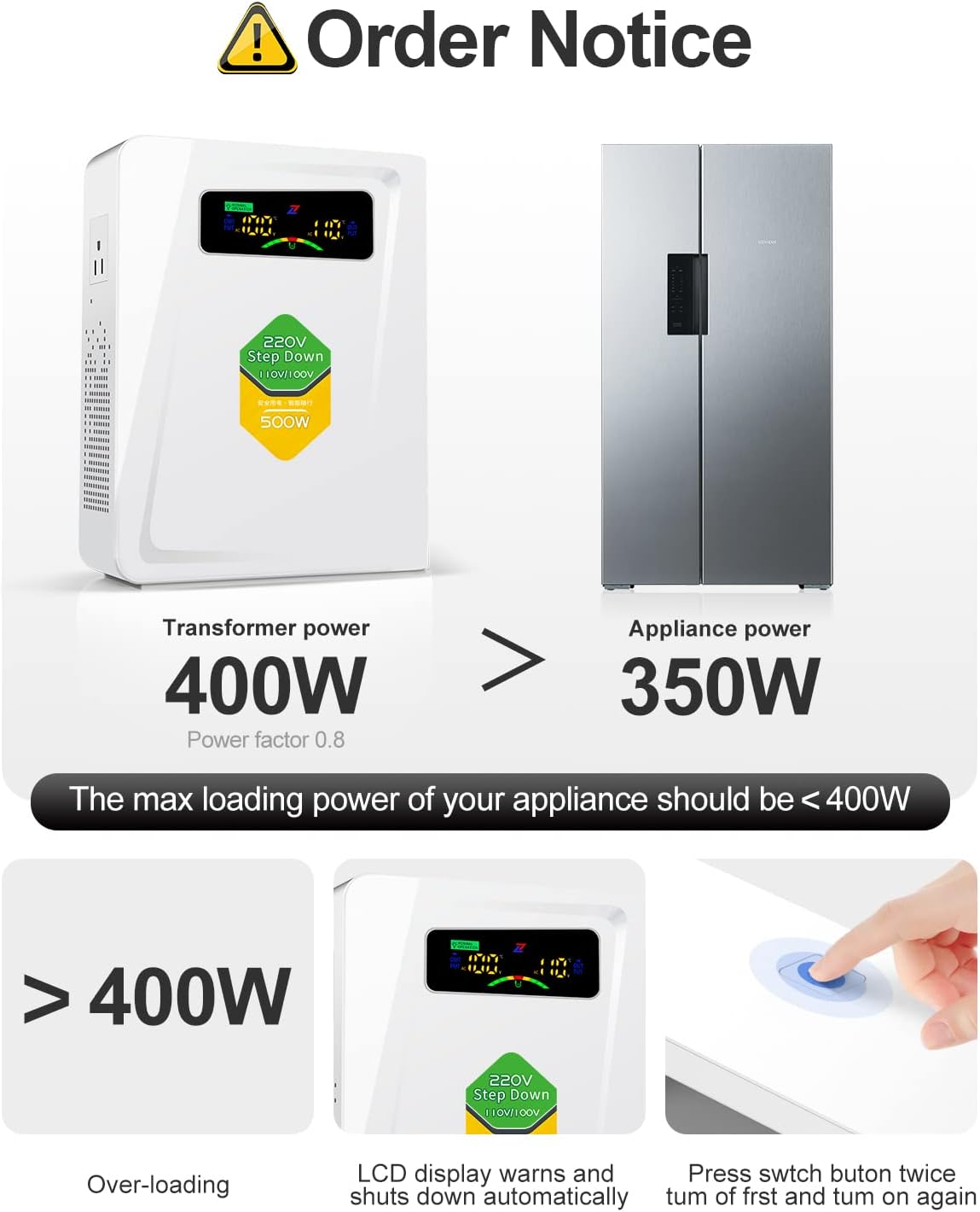 Voltage Converter 220 to 110 Step Down Transformer 500W Adapter, No Noise, Ten Protection Functions, Suit for Coffee Machines, Rice Cookers and Other US Appliances Used in Europe