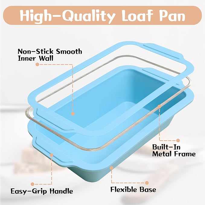 1 pc Silicone Bread Loaf Pans for Homemade Bread with Metal Frame, 9.5 x 5 Inch Non Stick Silicon Banana Loaf Pan for Oven, Silicone Baking Mold for Brownies,Sandwiches (Mint Green)
