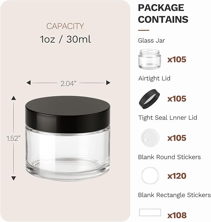 1 oz Round Clear Glass Jars, Bumobum 105 Pack Cream Jars with Black Lids, Black and White Labels & Inner Liners, Empty Cosmetic Containers for Cream, Lotion