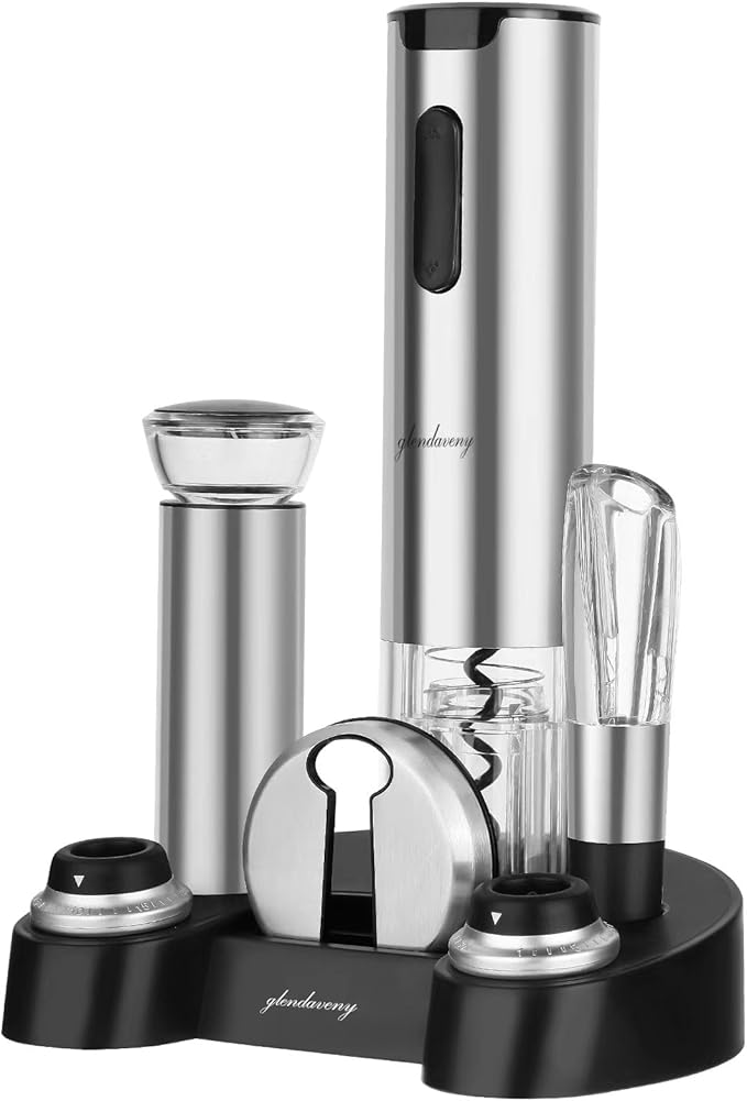 Electric Wine Opener Set with Stand, Wine Gift Set with Rechargeable Wine Opener, Wine Aerator, Foil Cutter, Vacuum Pump and 2 Stoppers, 7-in-1 Wine Bottle Opener Set for Home Party Bar Outdoor Gift