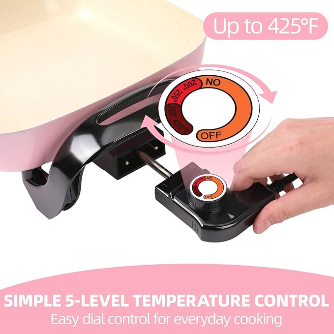 12'' Ceramic Nonstick Electric Skillet with Tempered Vented Glass Lid, Scratch-Resistant Surface, Cool-Touch Handles, Removable Easy-to-Clean, 120V 1200W 60Hz, Pink