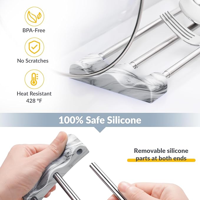 Tomorotec Adjustable Over-The-Sink Kitchen Rack for Dishcloths, Sponges, Bottles and Brushes - Heat-Resistant Stainless Steel with Slim, Expandable Design and Multifunctional Silicone Holder (Marble)