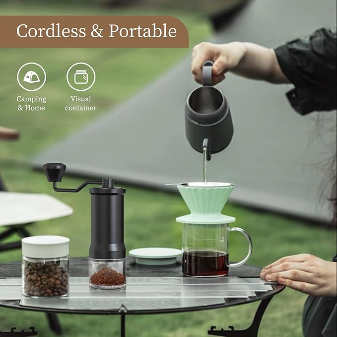 Stainless Steel Burr Hand Coffee Grinder by ELMWAY - Durable Manual Coffee Grinder with Glass Jar, Adjustable Grind Setting, Portable for Travel & Home, Gifts for Coffee Lovers - Black