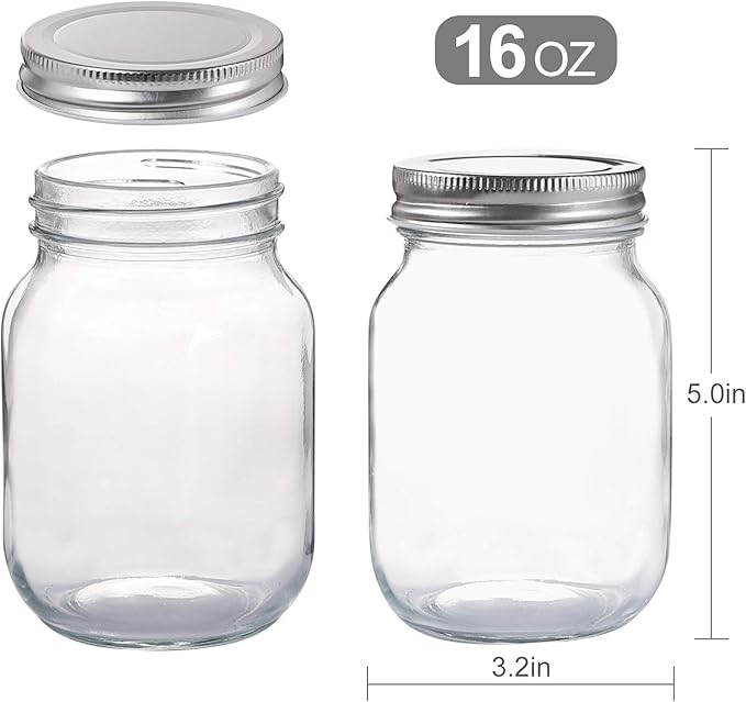 YINGERHUAN Glass Regular Mouth Mason Jars, 16 oz Clear Glass Jars with Silver Metal Lids for Sealing, Canning Jars for Food Storage, Overnight Oats, Dry Food, Snacks, Candies, DIY Projects (4PACK)