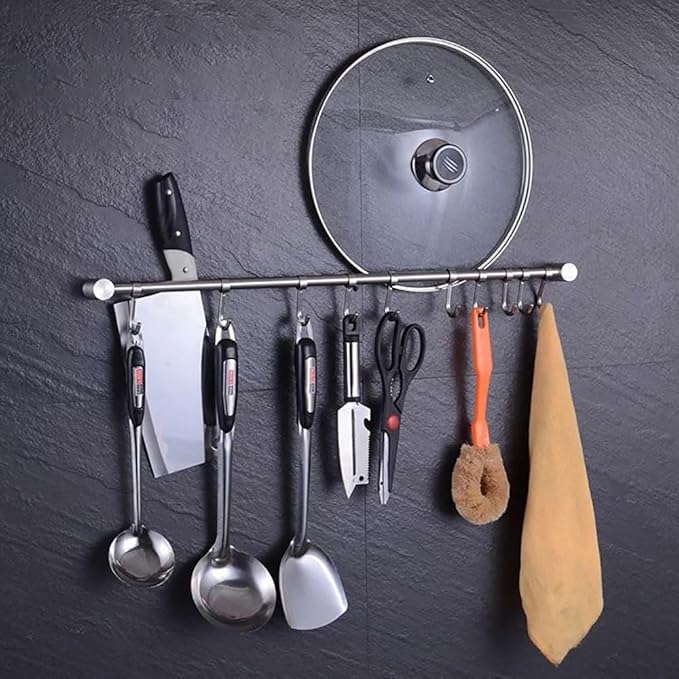 Premium Stainless Steel Kitchen Tool Utensil Organizer Bar Rack with Movable Hooks for Pan Pot Spoon Towel (Traditional, 11 Hooks)