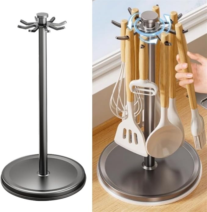 Rotatable Hanging Organizer with 8 Hooks for Kitchen Utensils, 360 Degree Swivel Countertop Holder for Cooking Tool Storage (Grey)