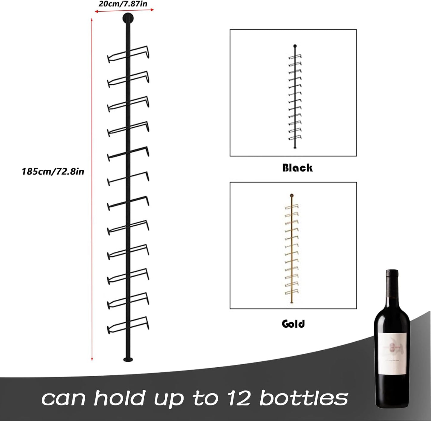 Wine Rack Wall Mounted, 72.8in High Metal Wine Bottle Holder for 12 Bottles, Kitchen Organization and Wine Storage for Commercial Restaurants Pantry Bar Wine Cellar (Gold, Five rows-60 Bottles)