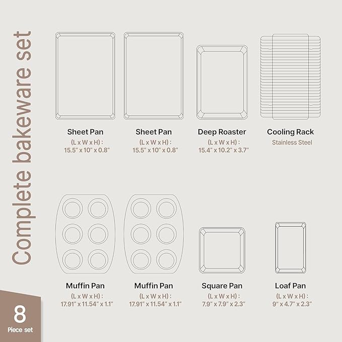 BAKKENMASTER Baking Set – 8 Piece Kitchen Oven Bakeware Set – Deluxe Non-Stick Black Coating Inside and Outside – Carbon Steel – Red Silicone Handles – PFOA PFOS and PTFE Free by Bakken