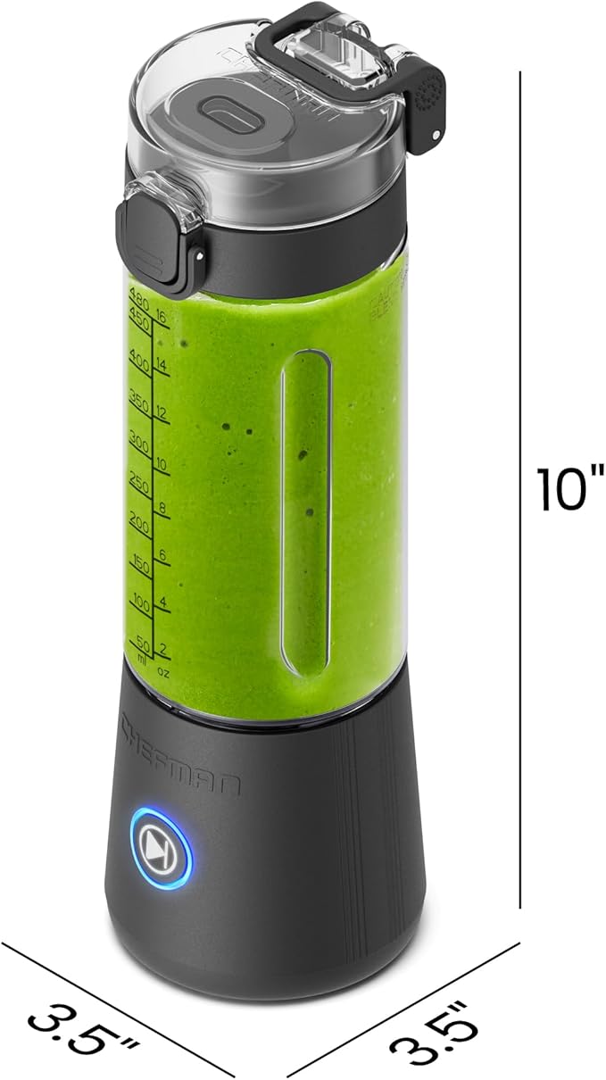 Chefman Cordless Portable Blender for Smoothies and Shakes, BPA-Free 16 oz Blending Jar w/Stainless-Steel Blades, USB-C Rechargeable with Color-Changing LEDs, Dishwasher-Safe Accessories - Black