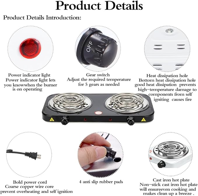 Compact and Portable Countertop Burner- Countertop Double Coiled Burner 2000 Watts Electric Hot Plate Temperature Controls Black