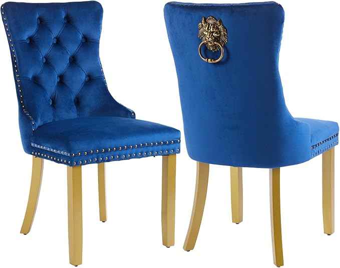 Velvet Dining Chairs Set of 2, Modern Tufted Dining Room Chair, Upholstered Dining Chairs with Lion Head Pulls Ring and Golden Solid Wood Legs, Luxury Kitchen Chairs for Dining Room, Blue
