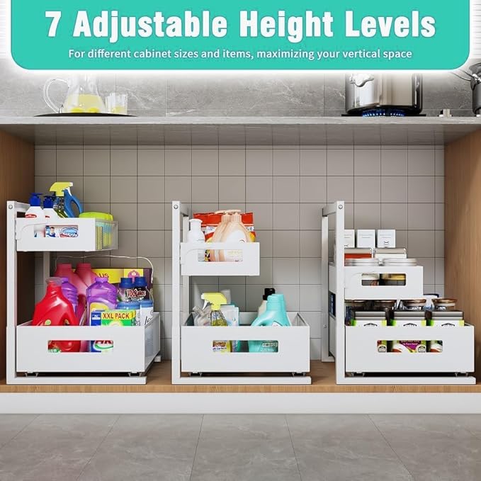 Petiza Under Sink Organizer Adjustable Height 2 Tier Bathroom Organizer Pull Out Cabinet Organer kitchen organizers and storage fridge organizers and storage,White,XL-1 Pack