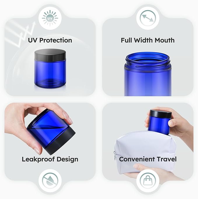 4 oz Glass Jars with Lids, 24 Pack Blue Small Glass Jars with Black Lids Leakproof Round Airtight Empty Cosmetic Travel Containers with Inner Liners For Lotions Powders and Candle Making