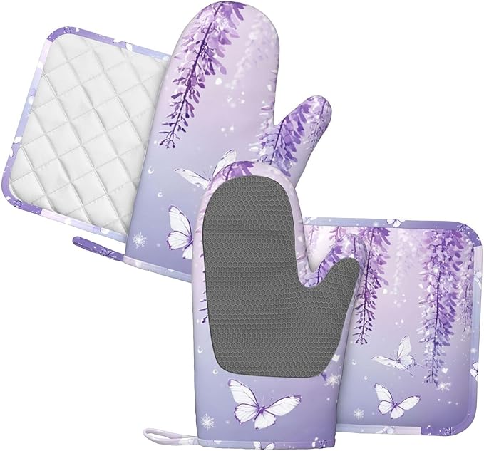 Oven Mitts and Pot Holders Lavender Butterfly Light Purple Flower Silicone Kitchen Accessories Set of 4 Heat Resistant Long Gloves Potholder Non-Slip Grip for Chef Cooking Baking Grilling BBQ