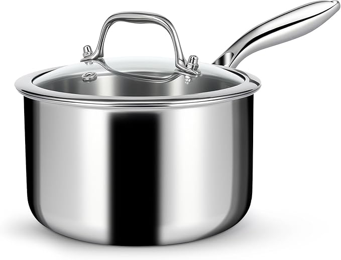 EWFEN 3 Ply Stainless Steel Saucepan with Lid, 2 Quart Multipurpose Cooking Pot, Stay-Cool Handle, Induction Oven Dishwasher Safe, 2 QT