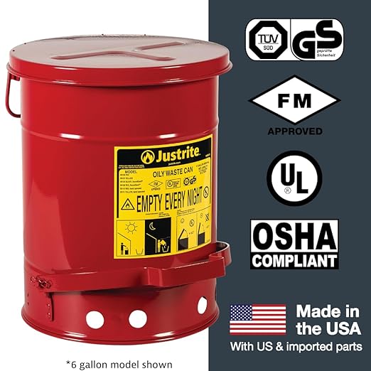Justrite 21 Gallon Galvanized Steel Oily Waste Can, 23.5" x 18" Metal Oil Rag Safety Can with Quiet Foot Operated Self-Closing Lid for Oil Rag Disposal, Made in The USA, Red, 09708