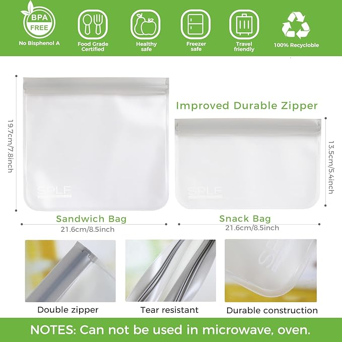 SPLF 10 Pack Reusable Sandwich Bags Dishwasher Safe, Reusable Quart Freezer Bags, Extra Thick Leakproof Food Storage Bags Silicone and Plastic Free for Marinate Meats, Cereal, Lunch, Travel Items Gray