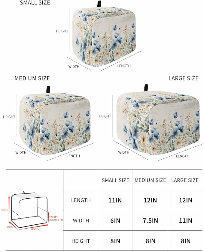 Blue Flowers Rustic Toaster Cover 4 Slice, Spring Vintage Botanical Dustproof Bakeware Oven Protector with Top Hook, Floral Beige Waterproof Small Kitchen Appliance Toasters Dust Cover, 12"x11"x8"
