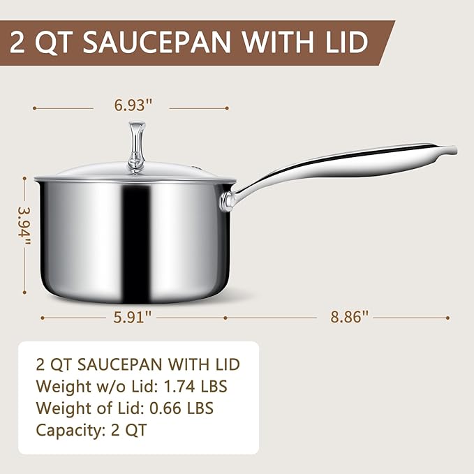 EWFEN 3 Ply Stainless Steel Saucepan with Lid, 2 Quart Multipurpose Cooking Pot, Stay-Cool Handle, Induction Oven Dishwasher Safe, 2 QT