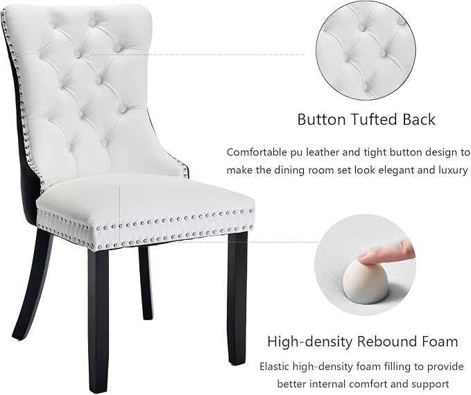 Dining Chairs Set of 6, Upholstered Dining Room Chairs with Back Ring Pull Trim and Solid Wood Legs, Modern Tufted Kitchen Chairs Perfect for Dining Room, White Pu Leather Splicing Black Velvet