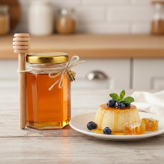 Adabocute 4oz Hexagonal Honey Jars - Glass Honey Jars with Gold Lids, Wooden Dippers, Bee Charms and Jutes - Hexagon Jars for Baby Shower, Wedding and Party Favors, 12 Pack
