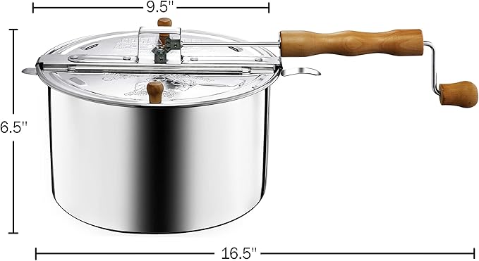 Stovetop Popcorn Maker - 6-Quart Aluminum Popcorn Popper with Hand Crank, Vented Lid, and Stir Paddle by Great Northern Popcorn (Silver)